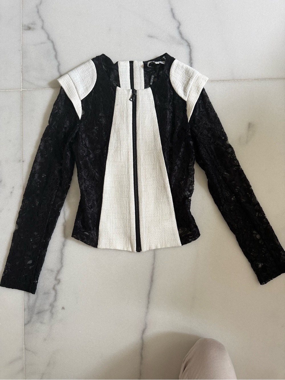 Alexis Black and White Lace-Trim Zip Jacket